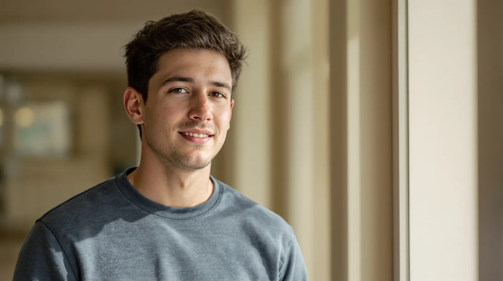 A young man with mild acne on his cheek smiles by a window