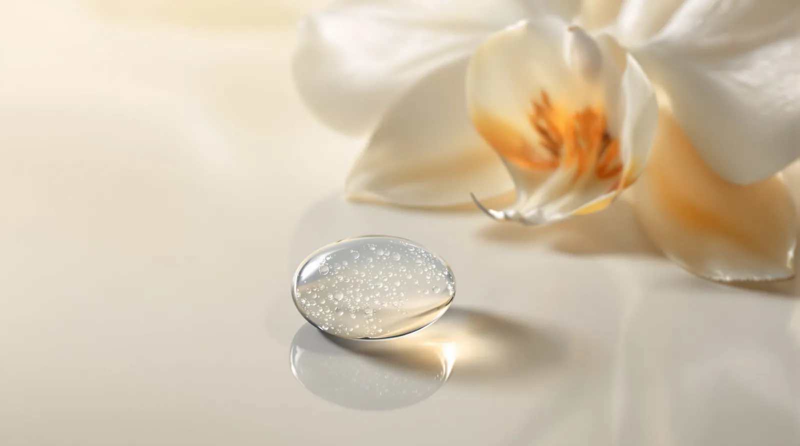 A drop of clear gel on glass beside a white orchid petal