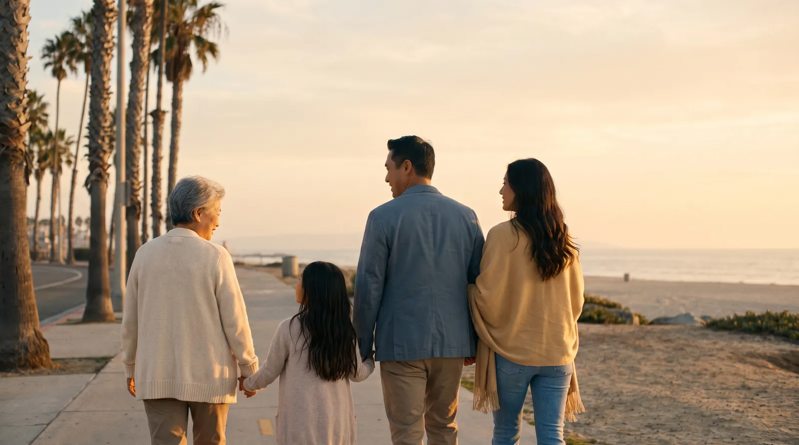 A grandmother, parents and a young girl walk together along a palm-lined oceanfront path at sunset