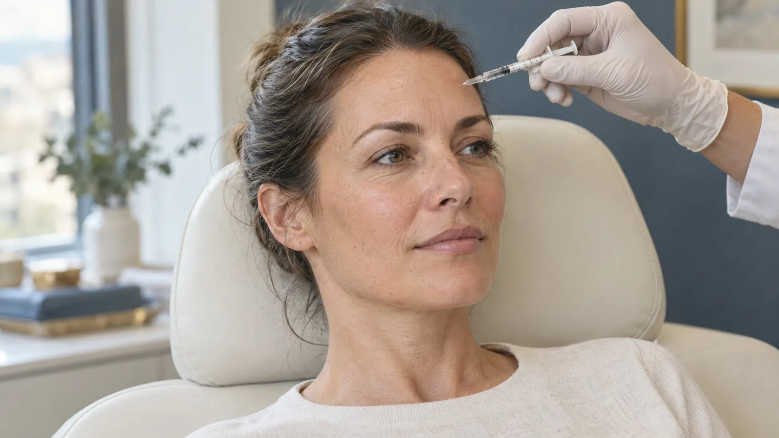 A woman in a treatment chair while a clinician holds a small syringe near her forehead